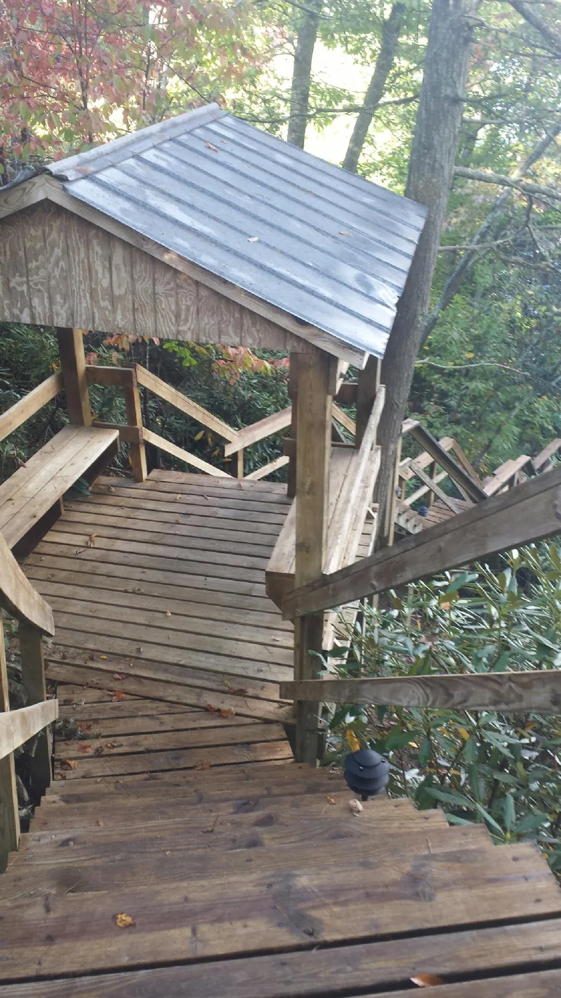 Metal roofed shelter over wooden steps on a wooded walkway — Skylight Repair & Installation work by our crew in D Lo
